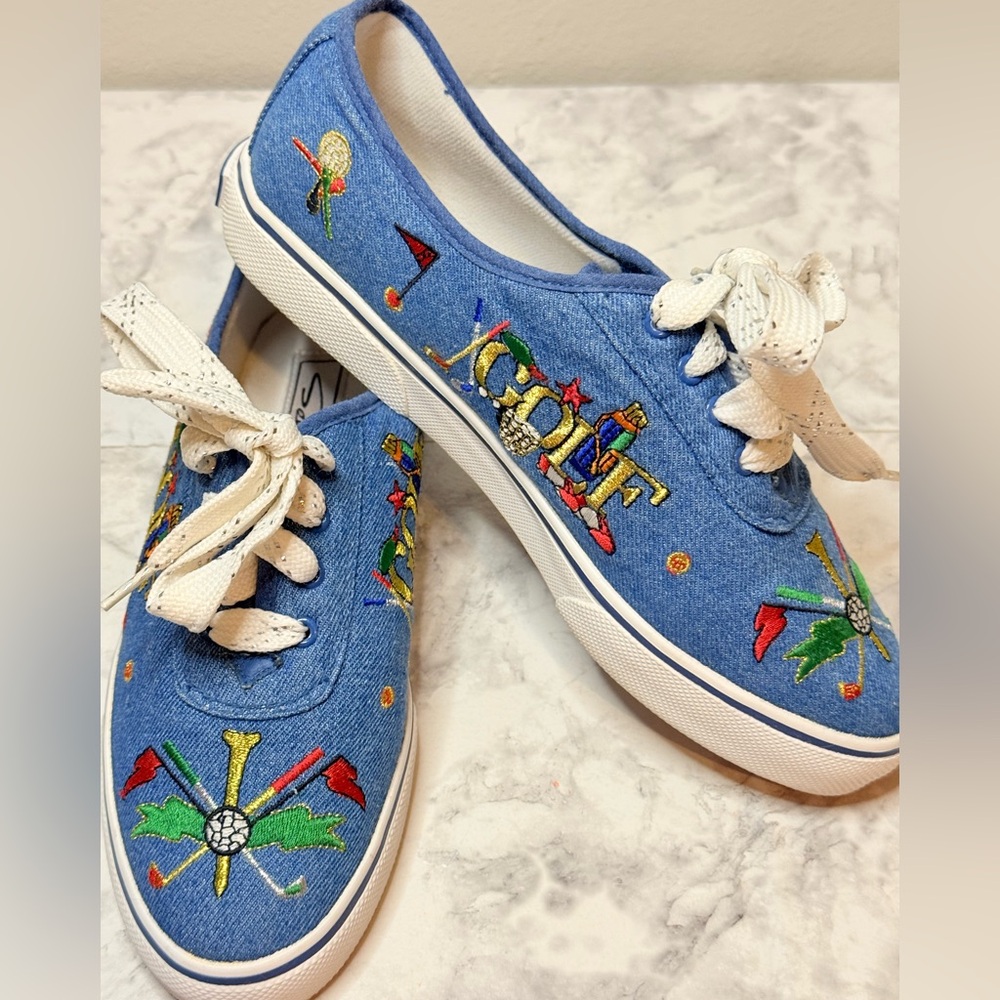 Vintage 90s/Y2K Sebastino Denim Embroidered Multicolor GOLF LowTop Sneakers 71/2